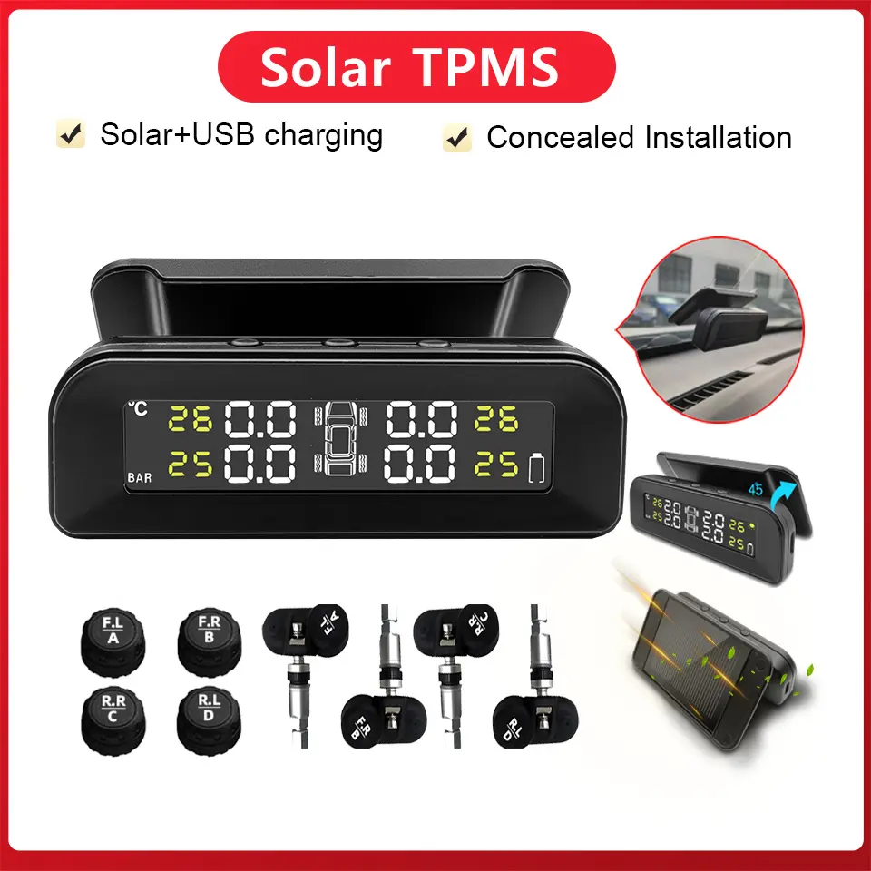 Majesun Smart Car TPMS Tire Pressure Monitoring System Solar Digital Clock LCD Display Car Tire Pressure Temperature Safety Alarm System