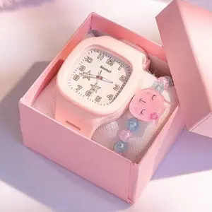 3PCS Jam Tangan Kuarsa Anak-Anak Tali Silikon Dial Persegi Bercahaya Gelang Bintang Fashion Kartun Gratis ( Tanpa Kotak )