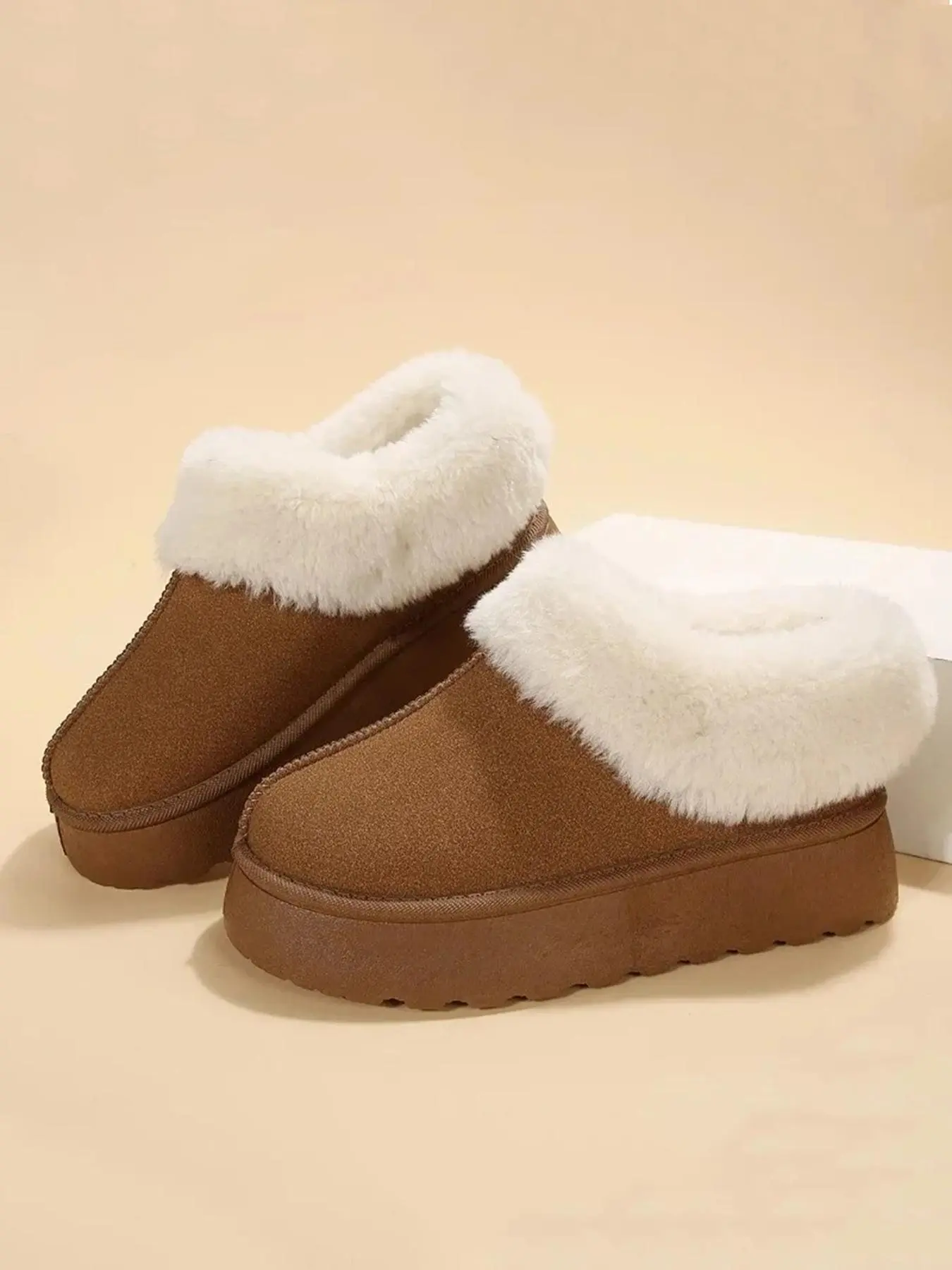 Women's Solid Color Contrast Faux Fur Slippers, Casual Soft Comfortable Home Slippers, Warm Slippers for Indoor & Outdoor Use for Fall & Winter, Valentine's Day Gift for Girls