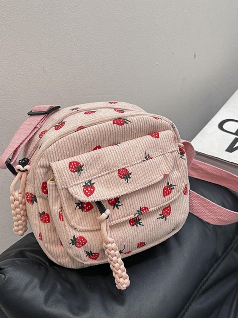 Product Introduction of Women's Strawberry Pattern Corduroy Crossbody Bag, Fashionable Zipper Shoulder Bag for Daily Used, Casual Trendy Versatile High-quality Commuting Bag 4