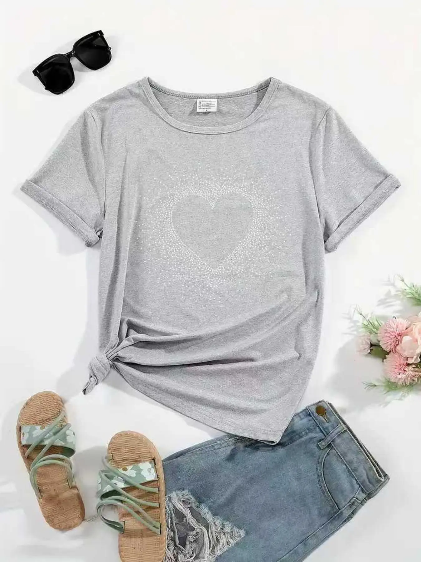 Women's Heart Print Tee, Casual Short Sleeve T-shirt for Summer, Ladies Clothes for Daily Wear