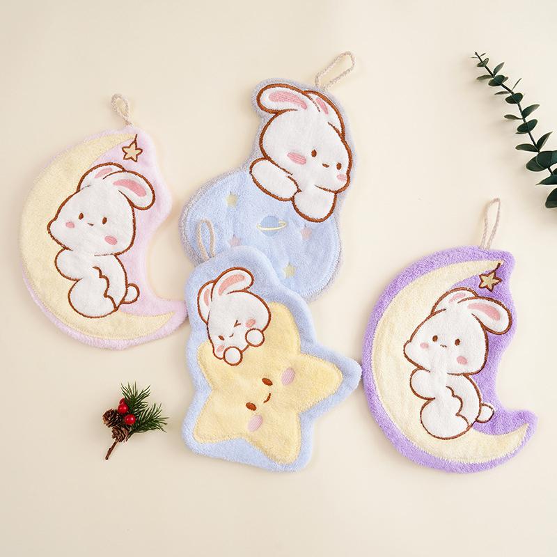 Product Introduction of Cute Rabbit Pattern Hand Towel Soft Hanging Towels Absorbent Coral  Towel Kitchen Bathroom Double-thickness Hand Towel 17