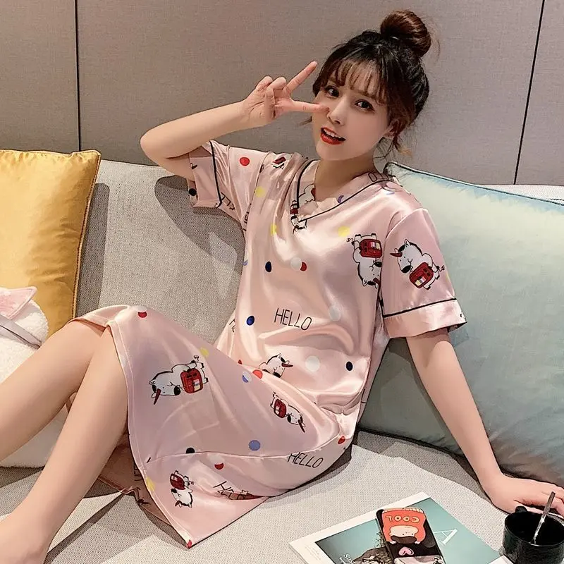 2025 New Pajamas Women's Summer Short-Sleeved Ice Silk Thin plus Size Plump Girls Loose and Cute Girls' Cartoon Nightdress Home Wear Loungewear Nightwear Womenswear Lingerie Homewear Pjs Comfort