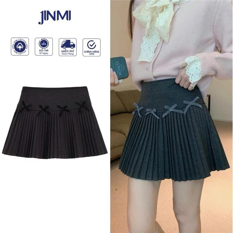Jinmi Chân Váy Xếp Ly Đính Nơ Tiểu Thư Siêu Xinh, Chất Dạ Hàn mềm mịn dày dặn 0