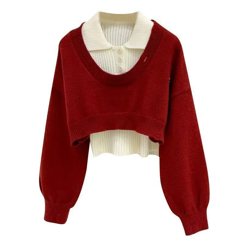 Áo Len Cổ Polo Phong Cách Preppy Bộ Đồ Hai Mảnh Ngắn Mới Mùa Xuân Và Mùa Thu Cho Nữ, Bộ Đồ Dệt Kim, Phong Cách Thường Ngày Áo Trên Women Top