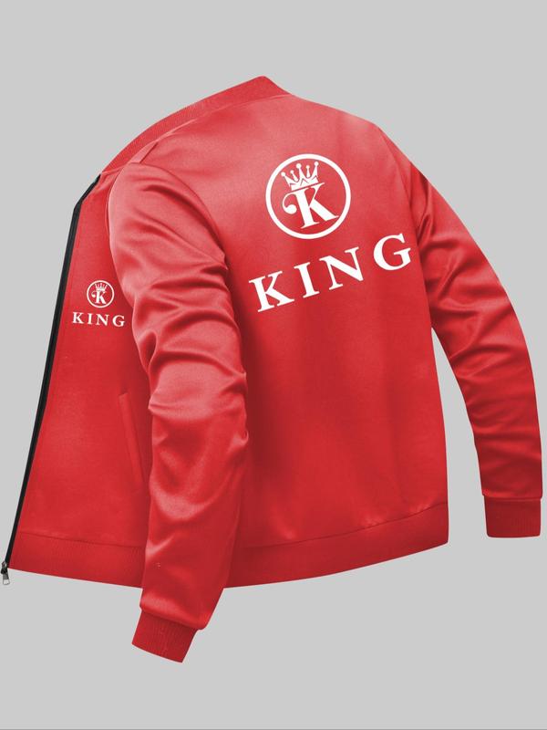 Men's Letter Print Zip Up Baseball Collar Jacket, Regular Fit Casual Long Sleeve Pocket Outerwear for Daily Wear, Fashion Men's Clothes for All Seasons 2