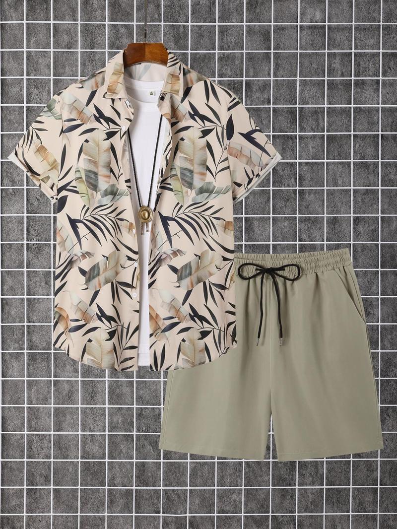 Product Introduction of Men's Tropical Print Button Front Shirt & Drawstring Waist Shorts Set, Regular Fit Casual Short Sleeve Collared Top & Pocket Shorts, Men's Summer Outfits 1