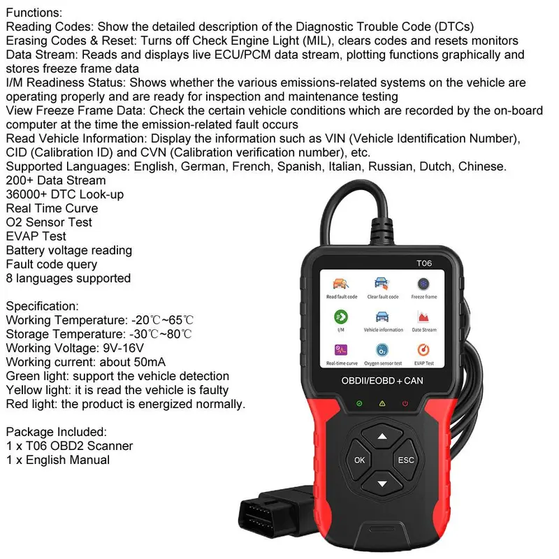 OBD2 Scanner, Car Diagnostic Tool, Multi-language Support Check Engine System Code Reader, Auto Accessories, Car Diagnostic Tool for Car Repair 8