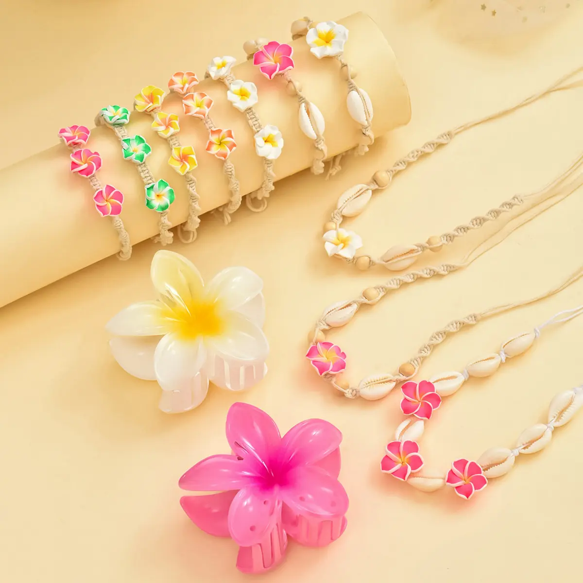 Beach Vacation Style Polymer Clay Jewelry Suit Bohemian Multicolor Plumeria Rubra Shell Hand-Knit Necklace Anklet
