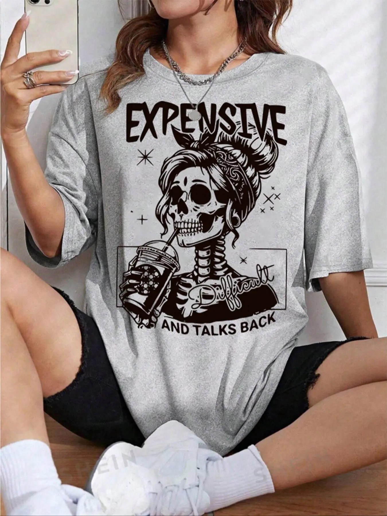 Women's Letter & Skull Print Drop Shoulder Tee, Casual Half Sleeve Round Neck T-shirt for Daily Wear, Ladies Clothes for All Seasons