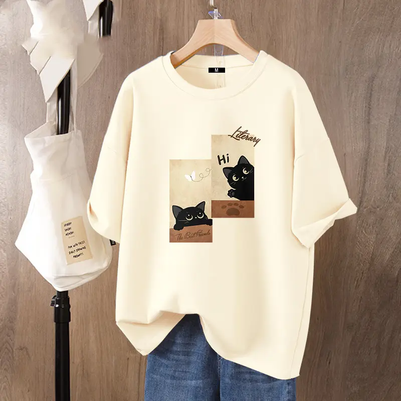 0300 Áo thun nam nữ cotton 100 % tay ngắn trẻ trung phong cách in hình mèo dễ thương- Cổ Tròn