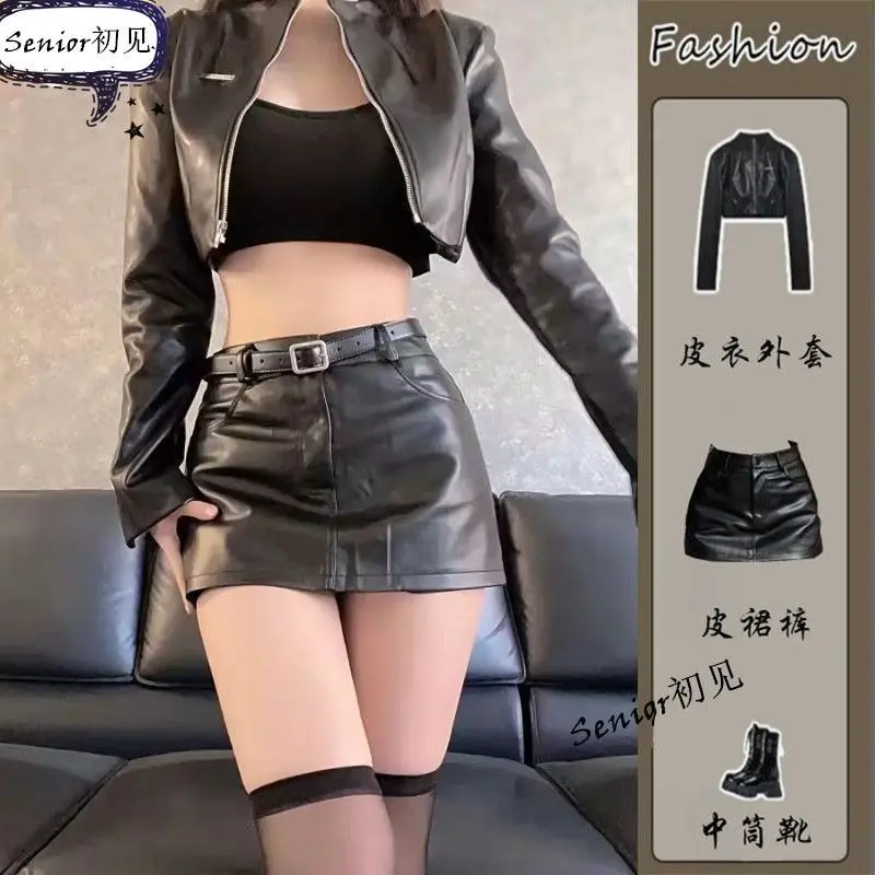 Áo Khoác Da, Bộ Đồ Nữ, Hàng Mới Về Mùa Thu Và Mùa Đông, Phong Cách Cô Gái Nóng Bỏng Mỹ, Áo Khoác Ngắn, Cạp Cao, Bó Sát, Đeo, Váy Da, Áo Cánh Và Quần