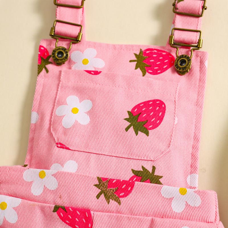 Product Introduction of Pink/ White Toddler Kid Little Girl Denim Overalls Flower/Strawberry Print Jeans Overalls Strap Suspender Shorts Outfit 6 12 18 24 Months 2-6 Years Old Kid 48