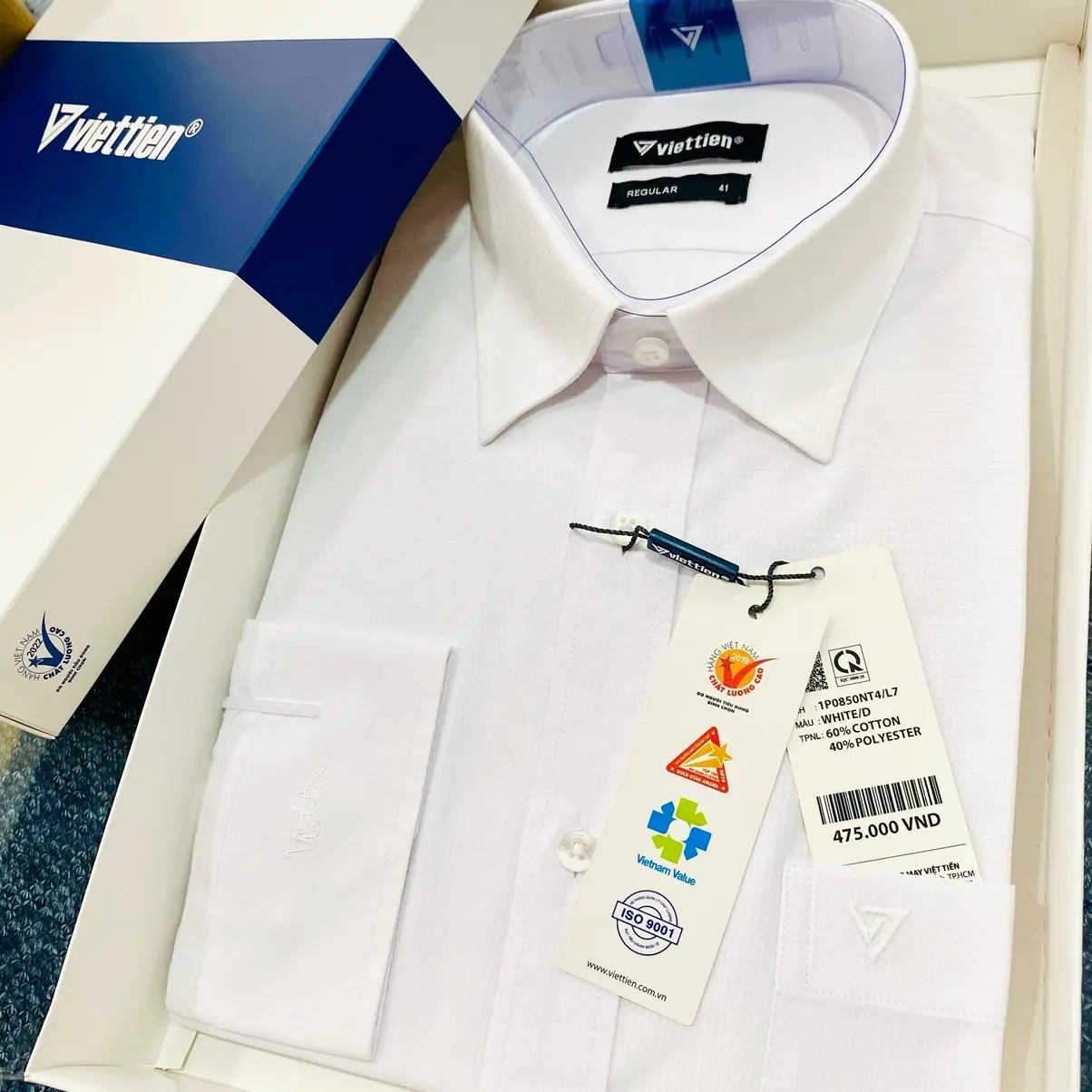 Áo sơ mi nam Việt tiến dài tay màu trắng họa tiết cao cấp fom regular, vải cotton và polyester-475 - Áo sơ mi công sở Việt Tiến ( Vân ngẫu nhiên) Menswear Cổ Tròn