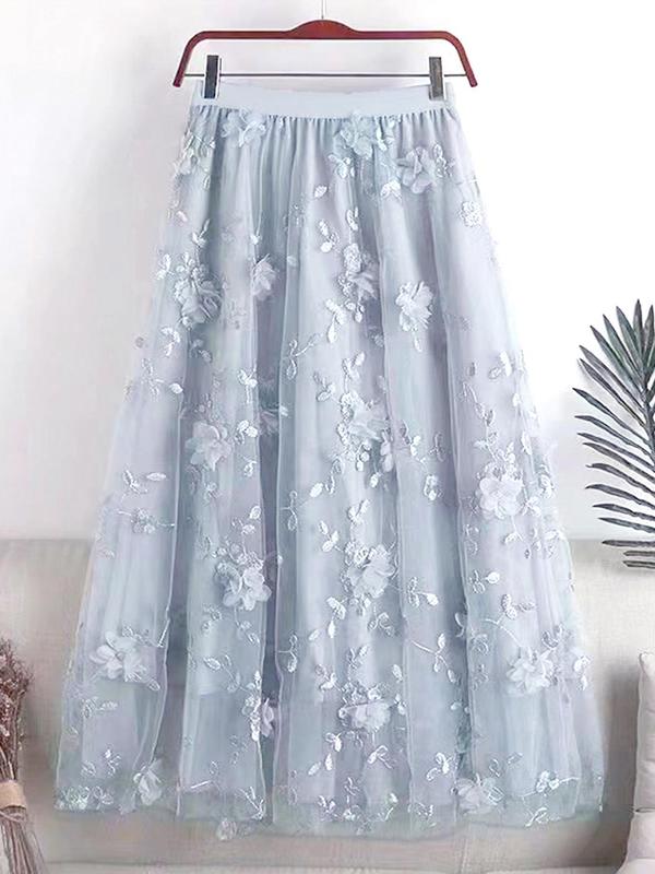 Women's Flower Appliques High Waist Tulle Skirt, Elegant A-Line Midi Skirt For Party Holiday Vacation, Ladies All Seasons Clothes, Womenswear 2
