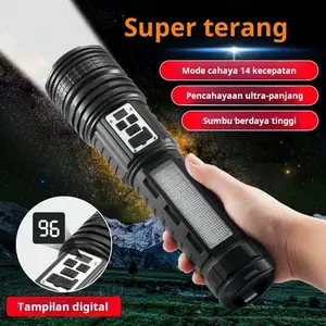 Meriam laser senter terang kuning dan putih tampilan daya sumber cahaya ganda USB senter tahan lama yang dapat diisi ulang Camping senter