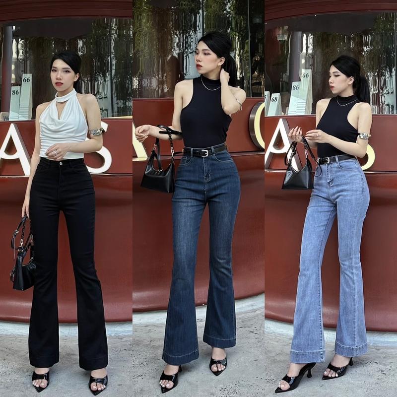 YURI JEANS - (EO BÉ) Quần Jeans  ống Loe Mẫu Trơn Co Giãn Lai Cuốn Tôn Dáng Nữ Pants Women Ong