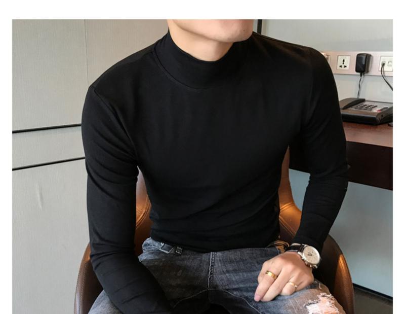 Product Introduction of Half Turtleneck Long Sleeve T-Shirt for Men, Autumn High-End Slim Fit Solid Color Mid-Neck Fleece Stretch Base Layer Pedal 19