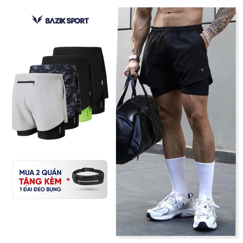 Quần Short Thể thao 2 lớp Nam BAZIK Speed Up 2 in 1 lớp trong Thun, lớp ngoài thoáng khí có túi sau, thấm hút mồ hôi, chạy bộ, thoải mái vận động, sport - QSTG23N05