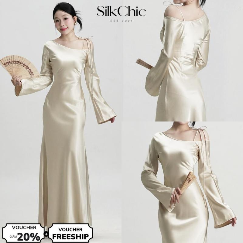  Đầm Lụa Dự Tiệc Tay Dài Lệch Vai Thanh Lịch Sang Trọng Tết 2026 SC792 Váy Lụa Dạ Hội Dài Tôn Dáng Tiểu Thư 