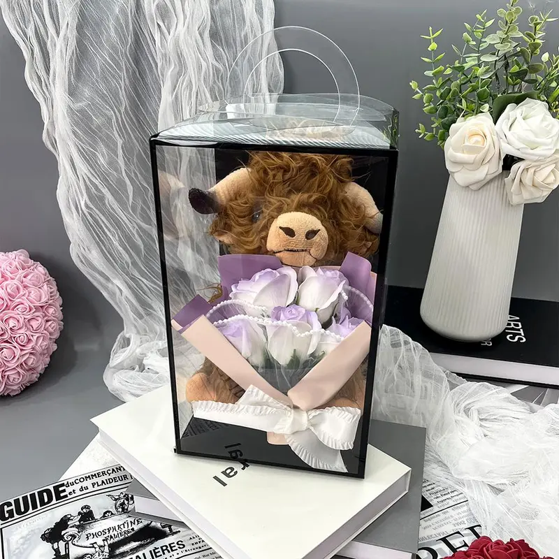 Highland Cow Plush Toy with Artificial Rose Bouquet, 1 Set Cute Plush Toy, Home Decor Ornament, Gift for Your Love 7