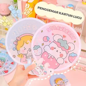 HM49 Kipas Tangan Ajaib Kipas Tangan Bulat Motif Cartoon Lucu Kipas Tangan Lipat Mini Motif Kartun Lucu Kipas Kain Portable