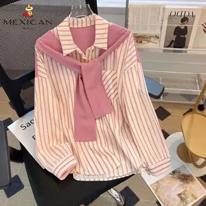 Kemeja bergaris dua potong palsu baru, kemeja selendang longgar wanita, atasan lengan panjang