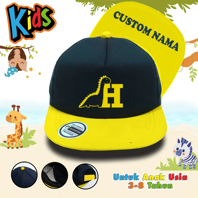 Topi Anak Inisial Abjad Dino Kuning Navy A-Z Laki laki Perempuan Usia 3 - 8 Tahun | kuning Navy | Dino Alfabet | Dino | Topi Custom Nama Anak | Topi Snapback Anak | Topi Baseball Anak | Elcustom Kids 4