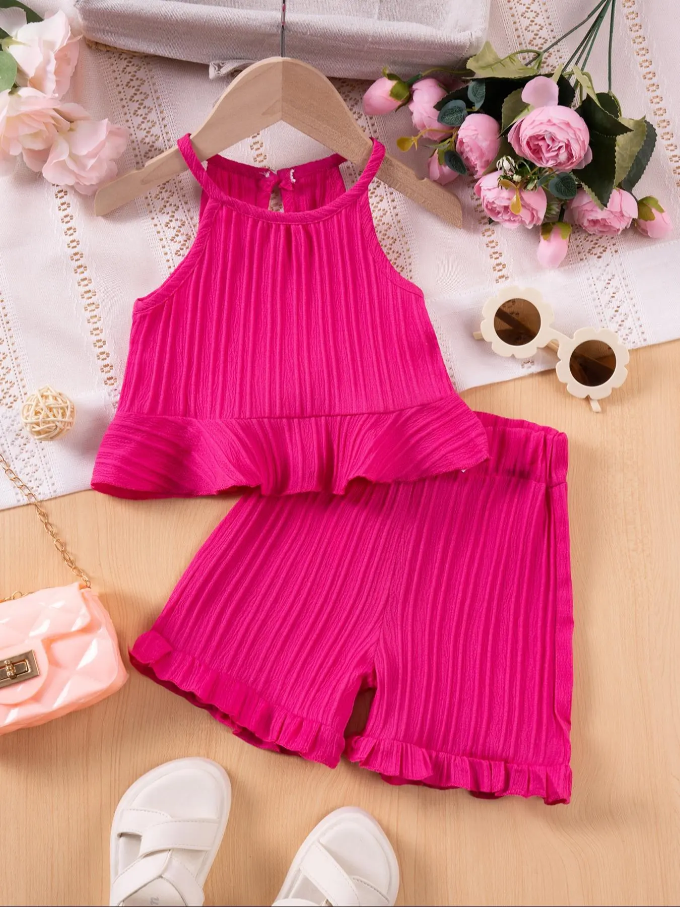 Toddler Girl's Solid Ribbed Tank Top & Shorts Two-Piece Set, Casual Sleeveless Top & Shorts for Summer, Kids Clothes for Daily Wear, Kids Clothing