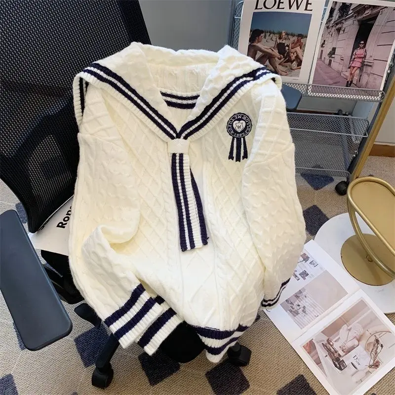 Áo Len Thắt Nơ Cổ Thủy Thủ Phong Cách Preppy, Dành Cho Nữ, Trang Phục Quần Áo Mùa Xuân, Phong Cách Phương Tây, Trông Trẻ Trung, Dáng Rộng Rãi Và Bó Sát, Áo Dệt Kim, Dành Cho Nữ