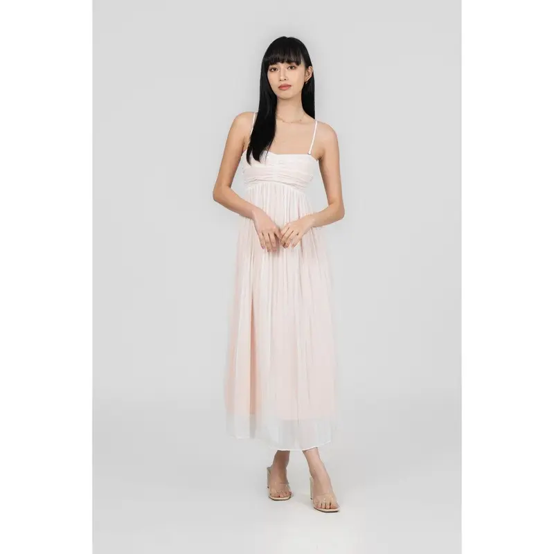 bayo formal dress white 2 Pastel Peach Sequin Draped Front Open Back Midi Dress