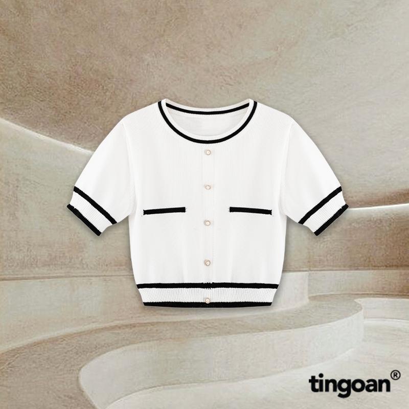 TINGOAN - Áo len crop lửng nm ngắn tay viền chống fg nhăn trắng tingoan ALISSA TOP/WH