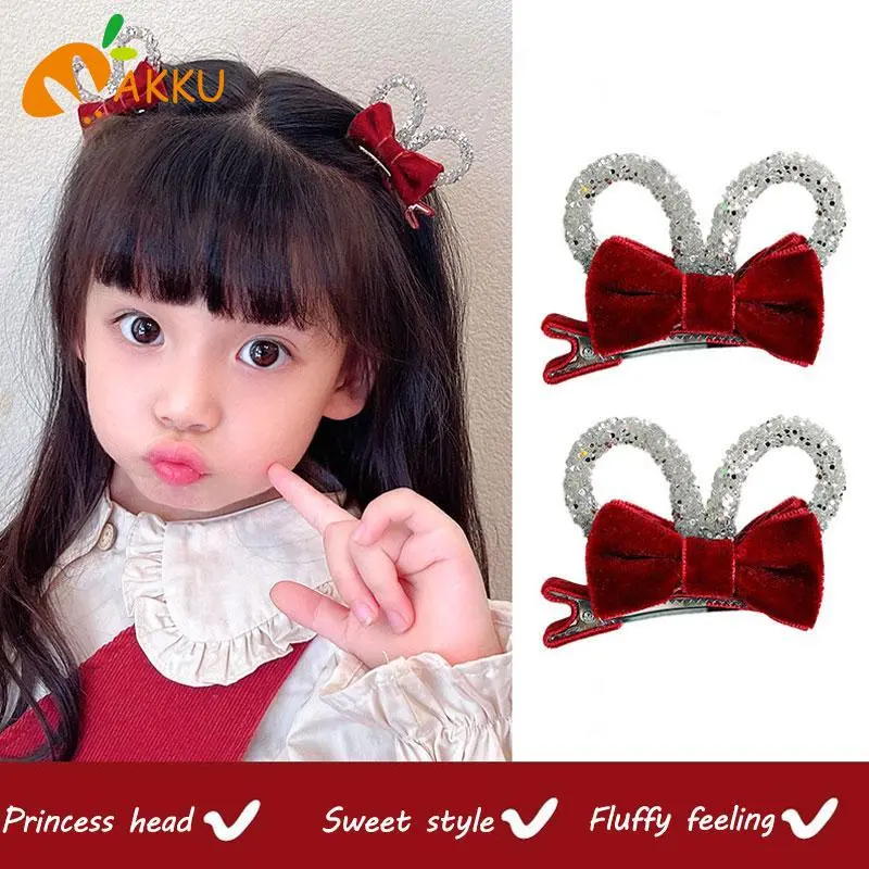 New Year Hairpin Girls Red Bow Rabbit Ears Suede Hairpin Birthday Children's Day Gift Performance Fashion Hair Accessories AKKU