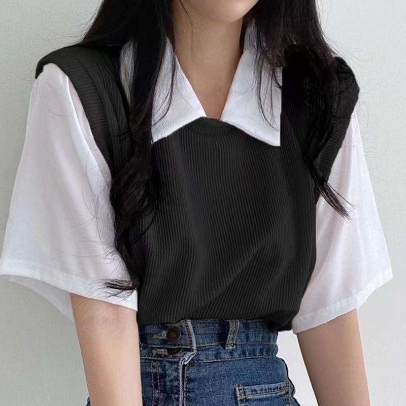 Product Introduction of Áo Phông Ngắn Tay, Phong Cách Preppy, Ve Áo Polo Mùa Hè, Hai Mảnh Giả, Màu Tương Phản, Dáng Rộng Vừa Vặn, Áo dễ phối đồ Đi Chơi Dành Cho Nữ, Phong Cách Ins 3