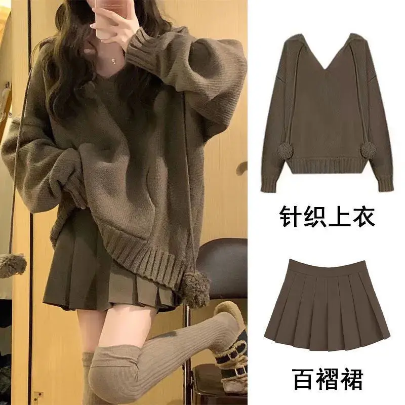 Bộ Đồ Mùa Thu Và Mùa Đông, Ngoại Cỡ, Cô Gái Đầy Đặn, Áo Len Phong Cách Mori, Phong Cách Preppy, Áo Len Có Mũ Trùm Đầu Cổ Chữ V Hàn Quốc, Váy Xếp Ly, Bộ Hai Mảnh 7