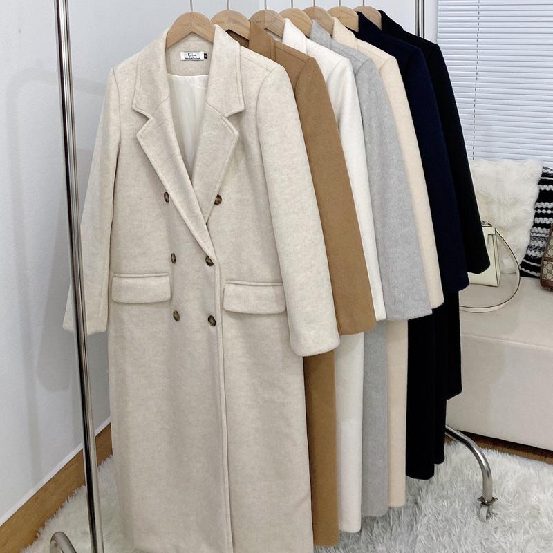 Áo khoác dạ ép lông cừu dáng dài sáu cúc có đai hai lớp Emme