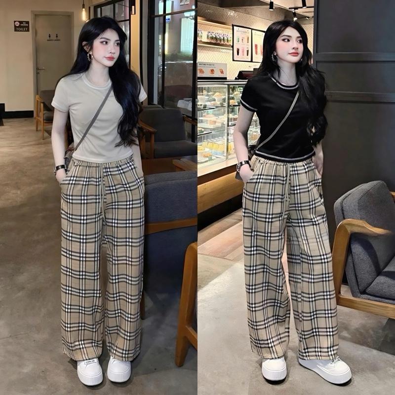 Sét bộ áo zip cotton chạy trần chỉ thêu logo nổi mix quần kẻ xuông thụng mặc hè thu cho nữ by Tlan