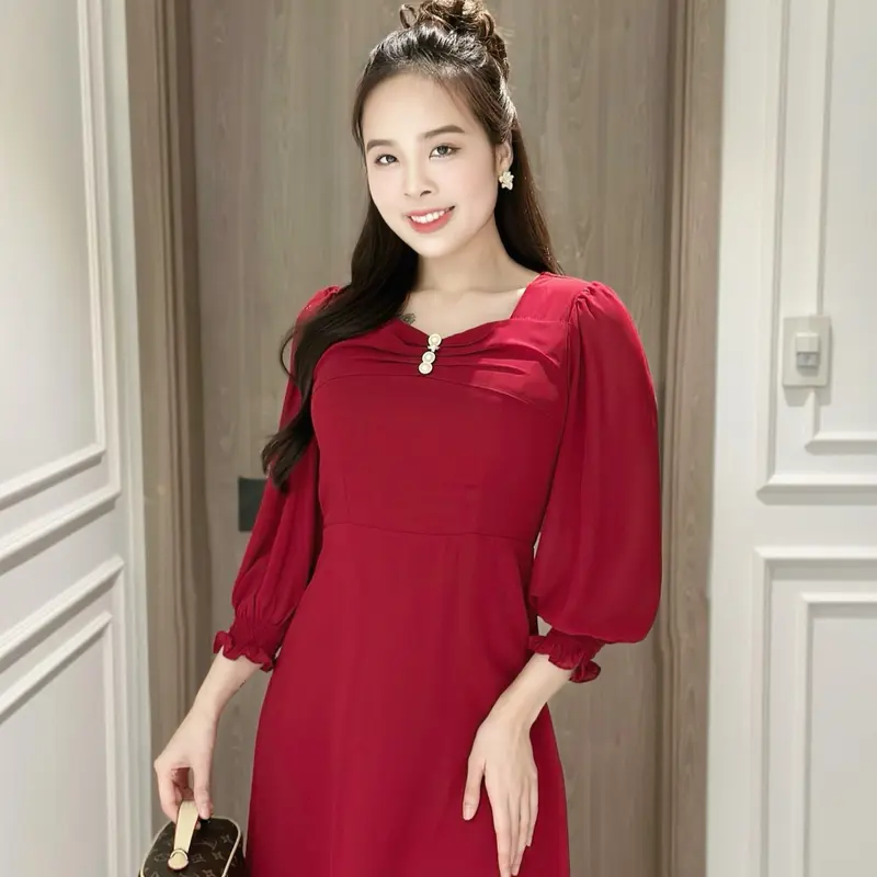 Đầm maxi form dài đính nút ngực, tay lỡ bo thun - GR0298 (Hình thật shop chụp) Nữ Dress 6