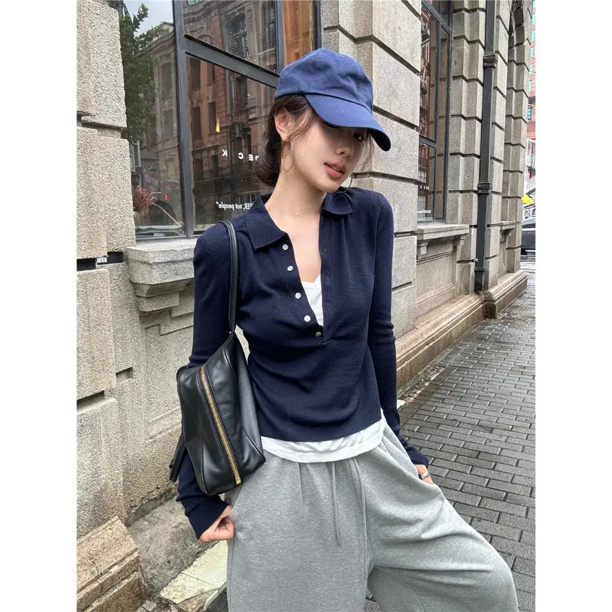 False Two-Piece Patchwork Polo Collar Women's Long-Sleeved Sweater Fall Slim Fit Slim Design Color Contrast Bottoming Shirt Trendy Top Womenswear Lingerie Lady Knitwear Comfort Knitting Basic