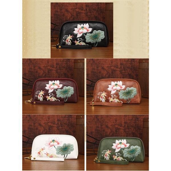 B090 Ví Da Bò Thật Nữ LABAG – Ví Dài Thêu Hoa Thanh Lịch