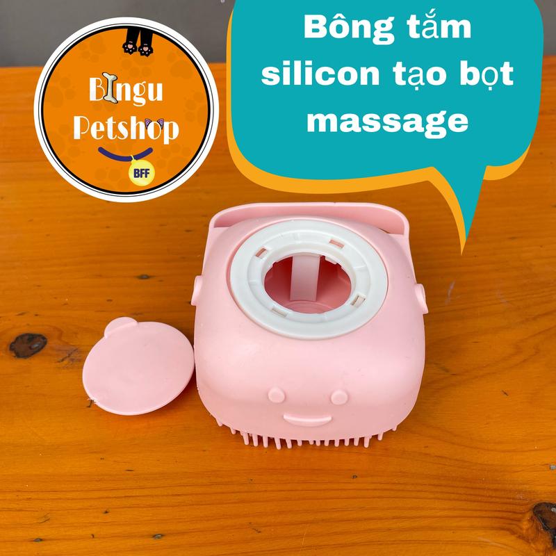 Bàn Chải Tắm/Bông Tắm Silicon Tạo Bọt Matxa Cho Chó Mèo có Chỗ Đựng Sữa Tắm
