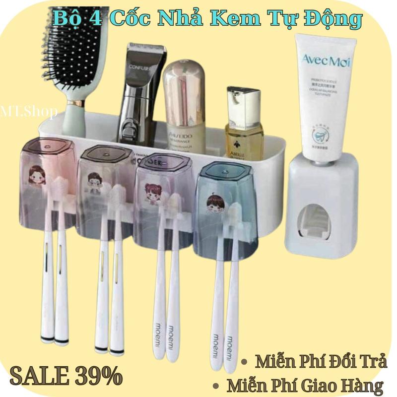  Kệ Bàn Chải Đánh Răng Nhả Kem Tự Động Thông Minh Tặng Kèmg 4 cốc Để Đồ Dán Tường Dùng Cho Nhà Tắm 