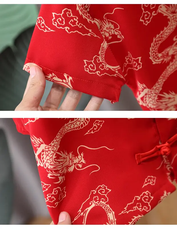 Bộ Áo Sơ Mi Hanfu Lụa Mango Ngắn Tay + Quần Short Họa Tiết Rồng Cho Bé Gái Và Bé Trai Phong Cách Sành Điệu Thời Trang Mùa Hè 7