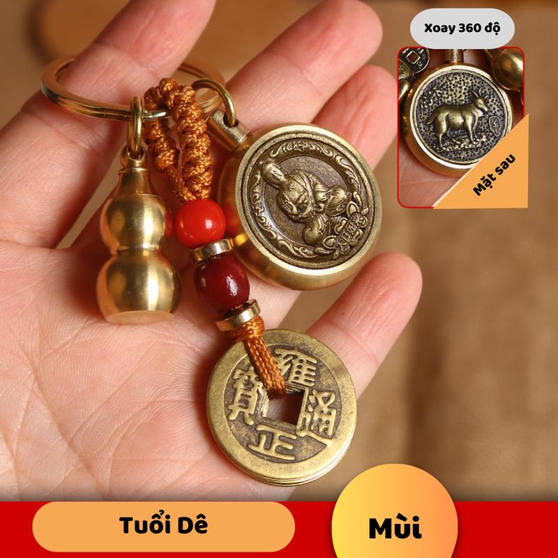 Móc khoá Đồng Thau hai mặt 12 con giáp 8 mặt Phật, tặng bình hồ lô, dây 5 Đồng xu, ( cát chu sa và bình hồ lô) Móc Chìa Khoá Móc Khóa Bản mệnh 12 con giáp Nam Nữ móc  khóa 7