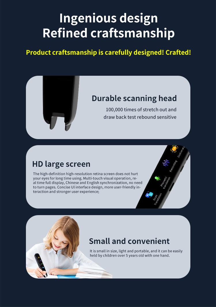 Product Introduction of A3X Multilingual Scan Translator Pen 12 Offline 112 Online Languages OCR EN/DE/FR/JA/KR/Cantonese 2.23 "Portable 3 Colors ABS Android/Li-ion Translation Pen 34