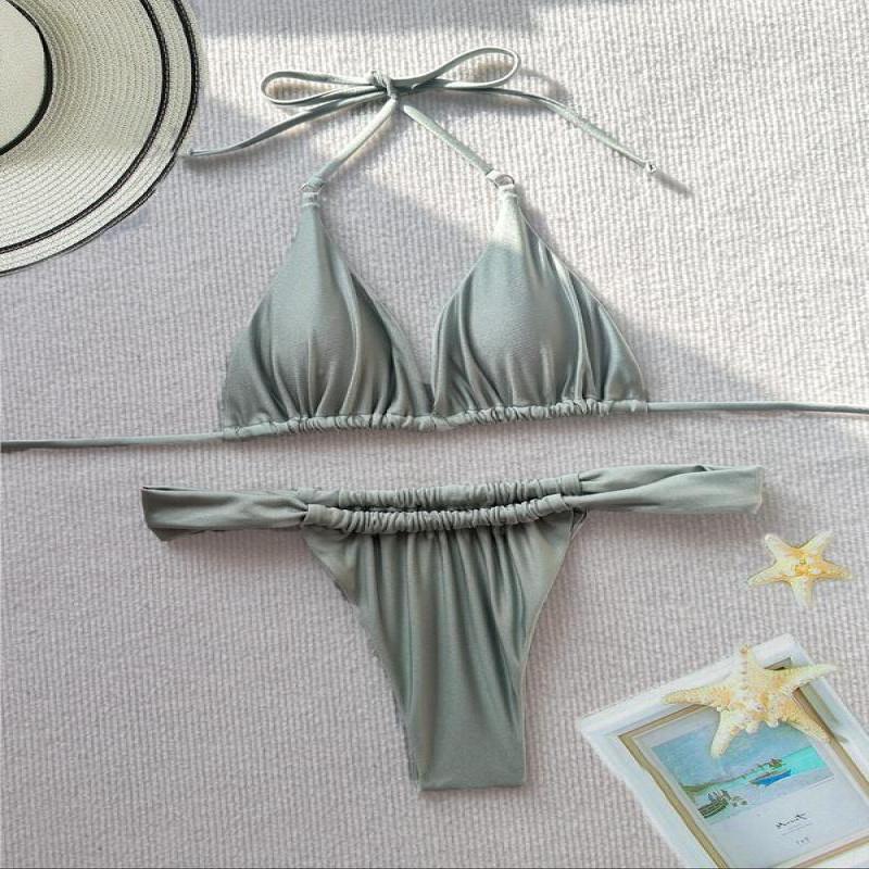 Two-Piece Set Women's Solid Tie Back Halter Bikini Triangle Top & Thong Swimwear Set, Casual Chic Swimwear Set, Ladies Summer Beach Holiday Vacation Swimsuit, 2 Piece Sets Women 4