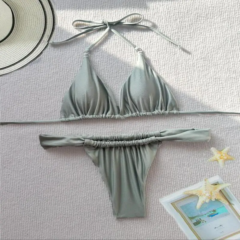 Two-Piece Set Women's Solid Tie Back Halter Bikini Triangle Top & Thong Swimwear Set, Casual Chic Swimwear Set, Ladies Summer Beach Holiday Vacation Swimsuit, 2 Piece Sets Women 4