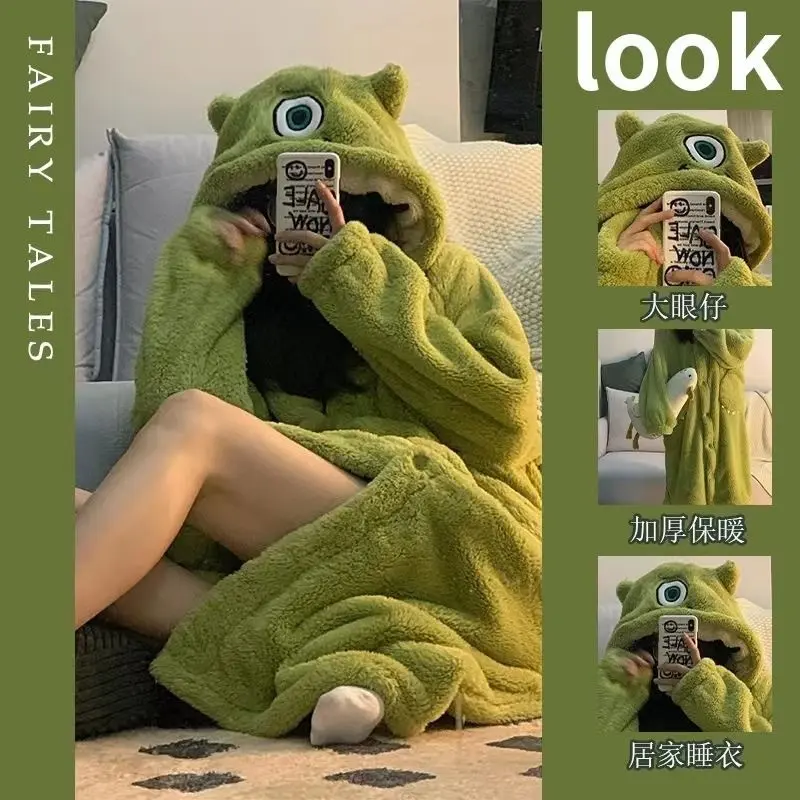 Cute Big Eyed Baby Hooded Coral Fleece Night Robe for Women in Autumn and Winter