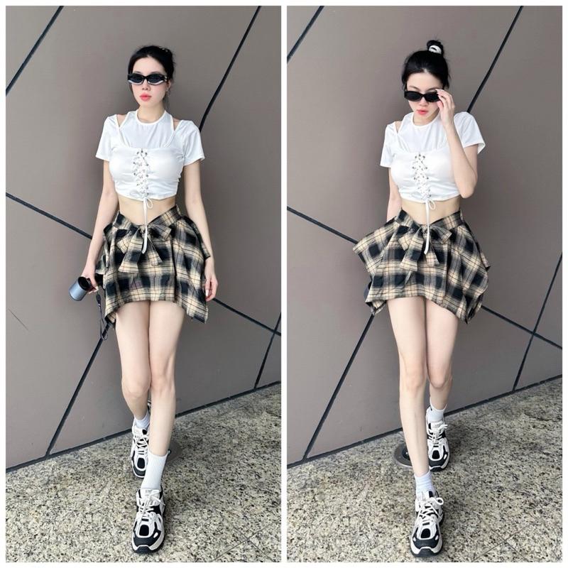 Chân váy thể thao nữ, váy kẻ caro buộc nơ chất đũi mềm thoáng mát dành cho các chị em chuyên nhảy zumba, shuffle dance 8