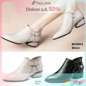 YJH Sepatu Boots Flat Shoes Tinggi 3.5cm Best Seller Kulit Sintetis Beige Black Fashion Wanita Ala Korea Style Shoes BO9013